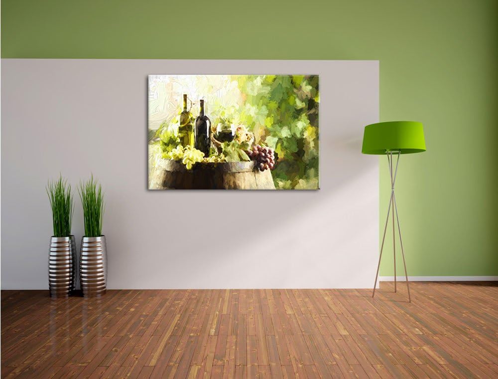 Pixxprint Wein mit Weintrauben auf Fass als Leinwandbild/Grösse: 100x70 cm/Wandbild/Kunstdruck/ferti