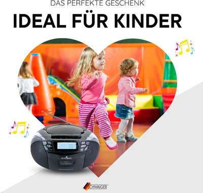 SCHWAIGER 658026 CD-Player mit Kassette und Radio MP3 USB Anschluss FM Radio AUX Kopfhörer Boombox N
