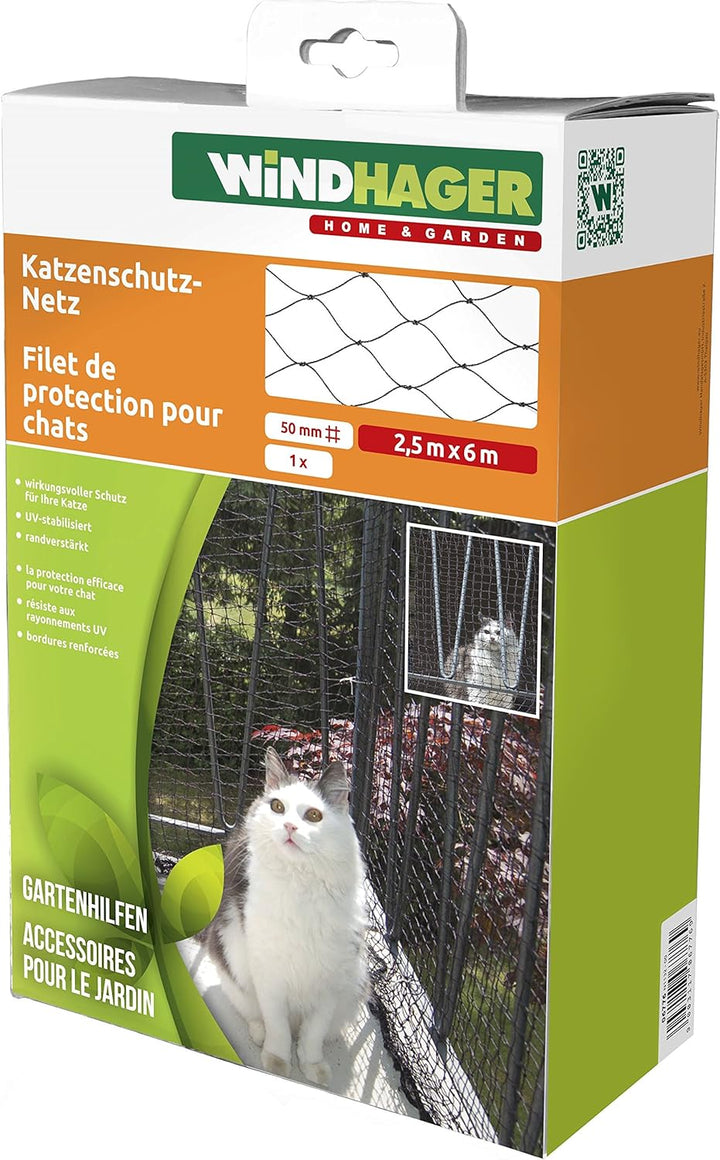 Windhager Katzenschutz-Netz Katzennetz für Balkon Terrasse und Fenster, Robustes HDPE-Gewebe, 2,5 x