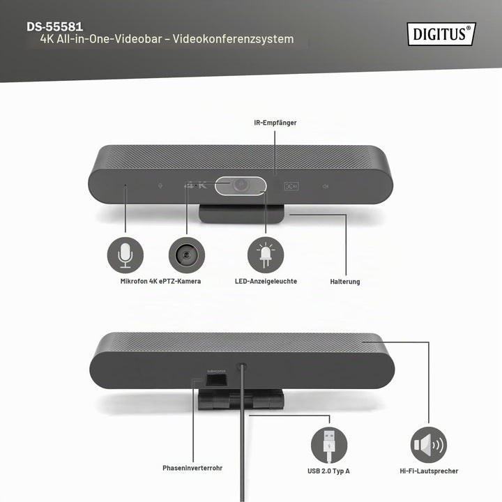 DIGITUS DS-55581 Video Bar Mini, Video-Konferenz-System – 4K UHD 30 Hz ePTZ Webcam Kamera – 2 Intern