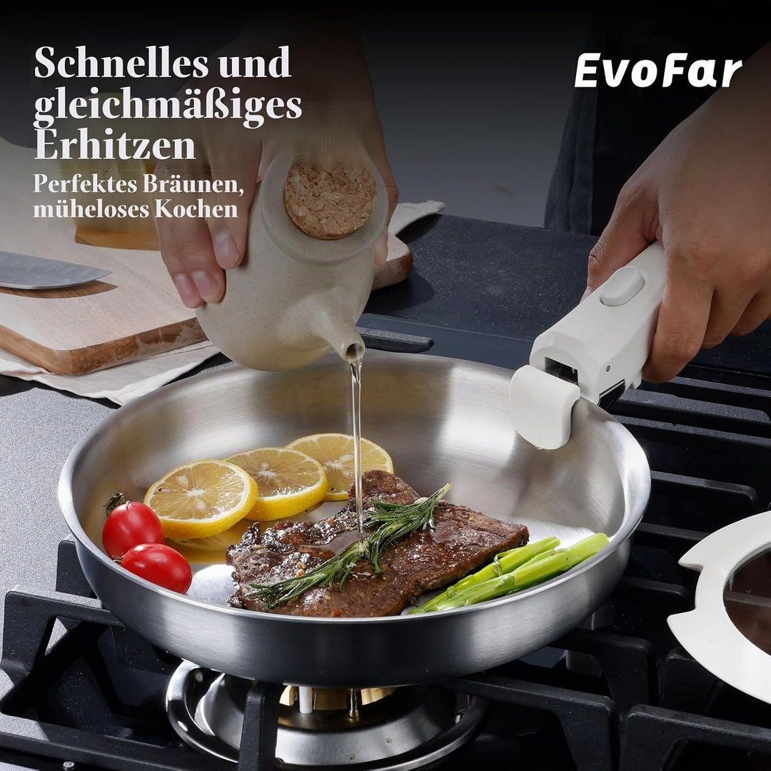 EvoFar Topfsets Edelstahl Pfannenset 14Stk Kochgeschirr Set mit Abnehmbaren Griffen, Pfanne 24cm, To