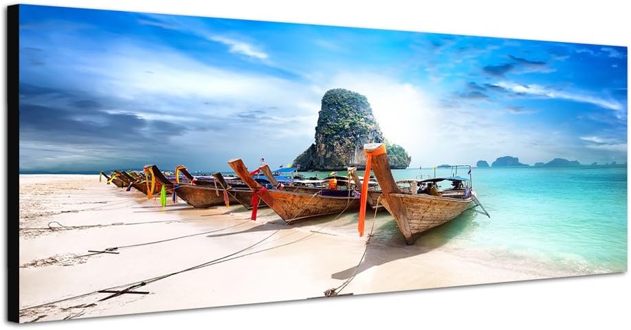 Paul Sinus Art Panoramabild auf Leinwand und Keilrahmen 150x50cm Sandstrand Meer Boote Felsen Himmel