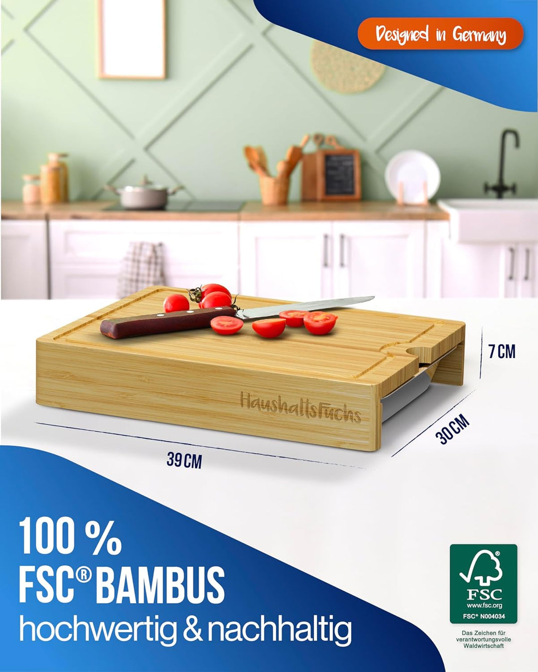 HaushaltsFuchs® Premium 100% FSC® Bambus Schneidebrett mit grosser Auffangschale inkl. Handyhalterun