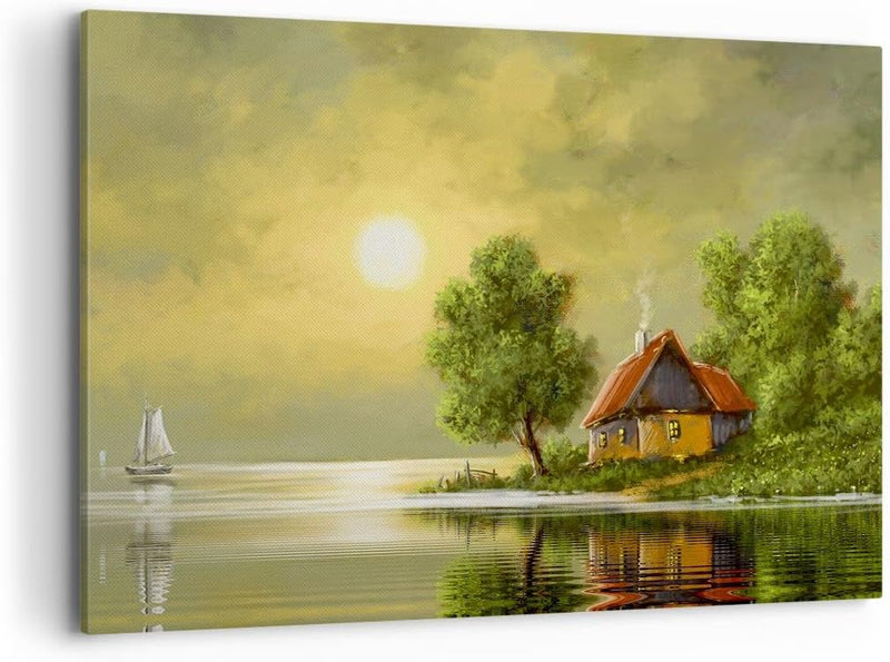 Bilder auf Leinwand 100x70cm Leinwandbild mit Rahmen Boot Wasser Hütte Gross Wanddeko Bild Schlafzim