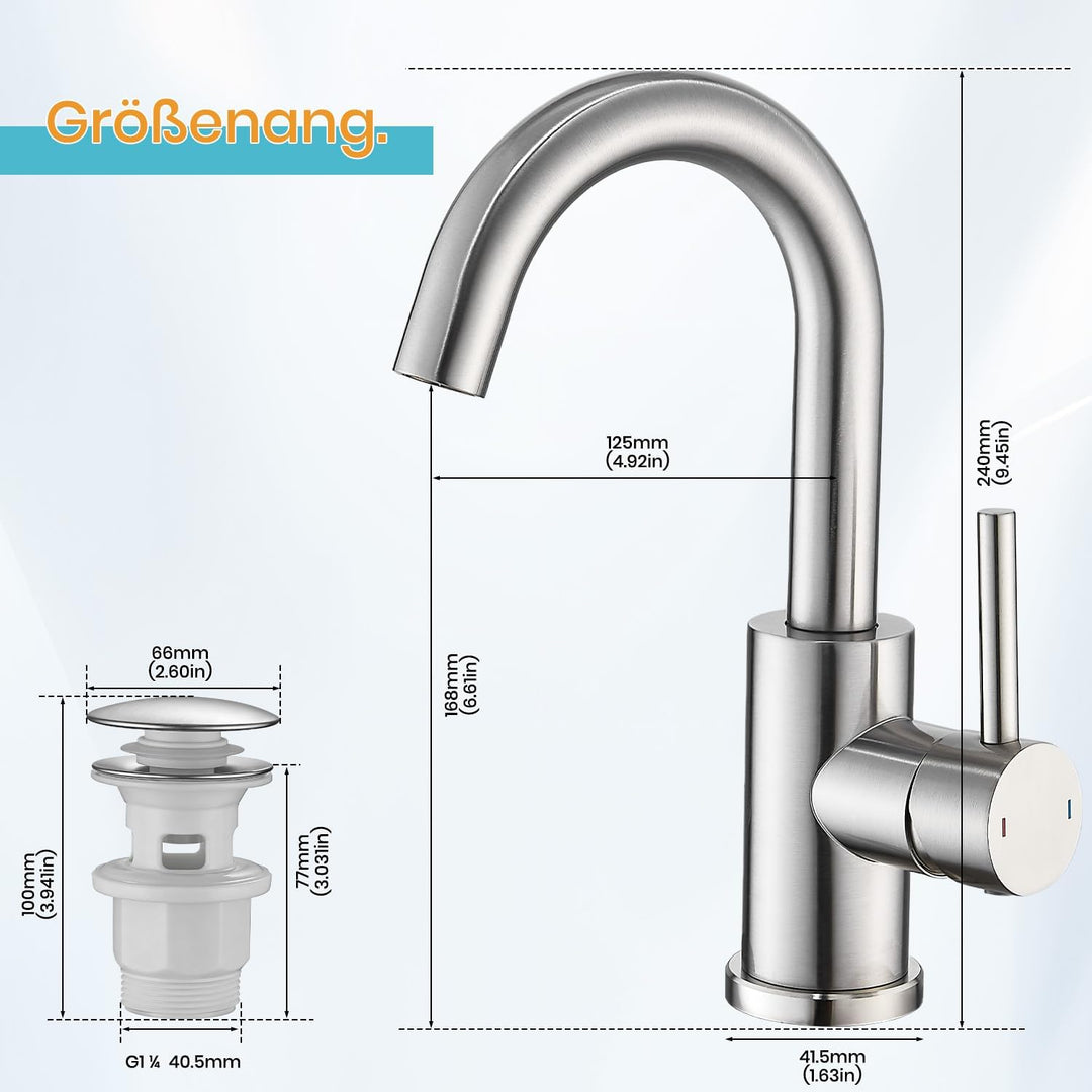 Wasserhahn Bad Hoch Mit Ablaufgarnitur,Badarmatur,Gebürstet, Gebürstet