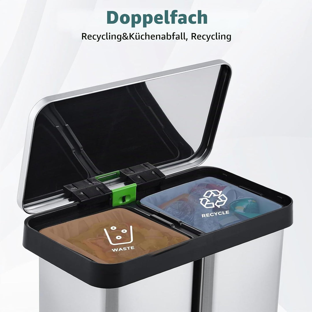 Mülleimer Küche,2 x 36 L Mülltrennsystem Edelstahl Mülleimer 2 fächer tretmülleimer Doppeldeckel mül