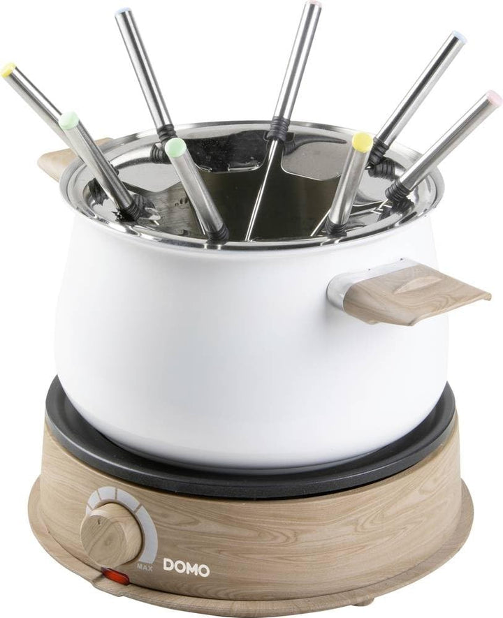 DOMO DO736F Fondue 1500 W Kontrollleuchte, 8 Fonduegabeln Holz, Weiss