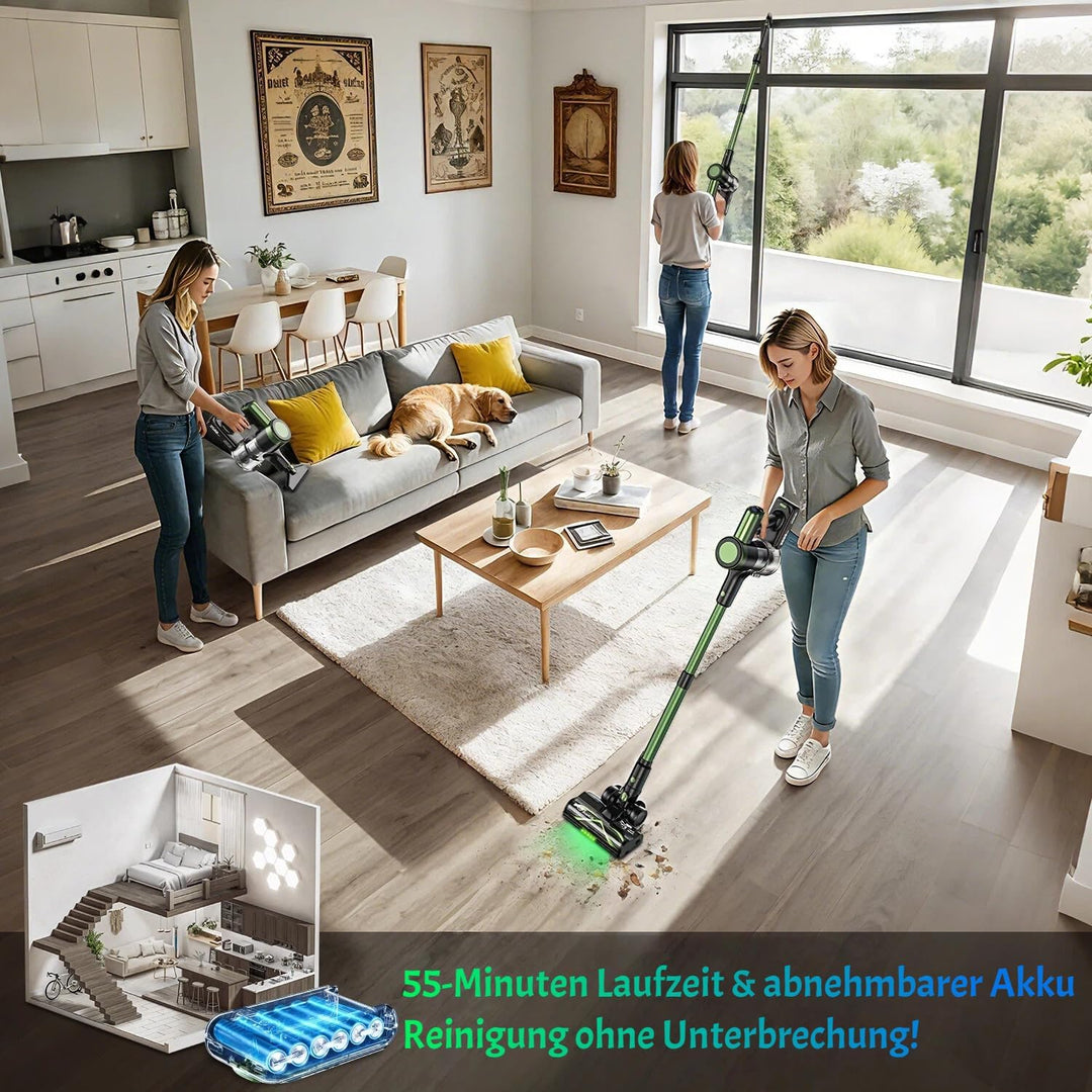 Akku Staubsauger 50KPa/500W/55Mins, Staubsauger Kabellos mit Wandmontierte Ladestation, Selbststehen