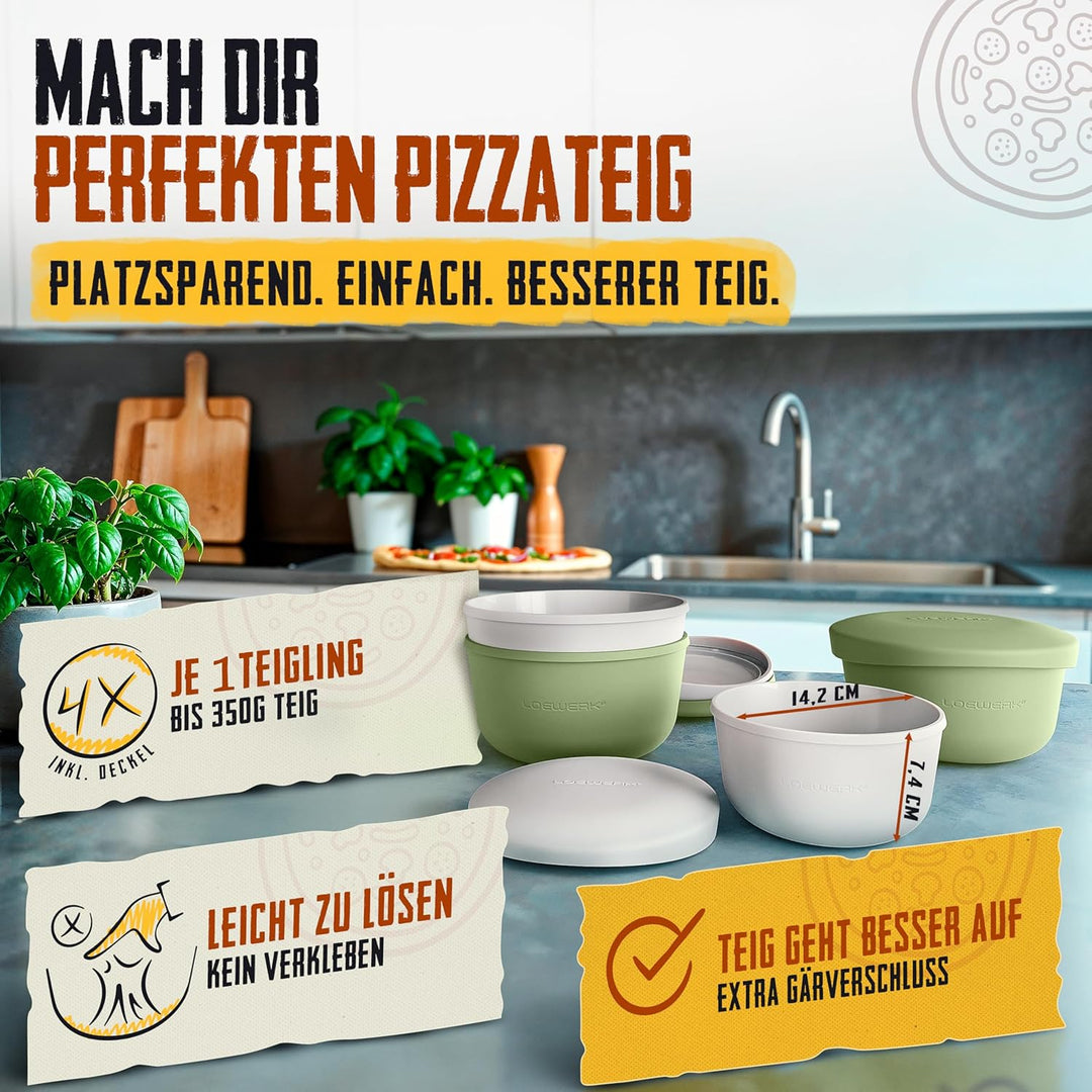 Pizzaballenbox mit Deckel – 4er Set – atmungsaktive Teigbox für perfekten Pizzateig - platzsparende