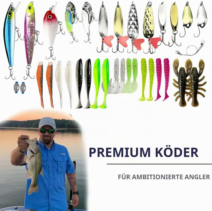 Angelköder Set mit 131 Teilen - Professionelles Angelzubehör mit Köderbox, Inkl. Gummifische, Spinne