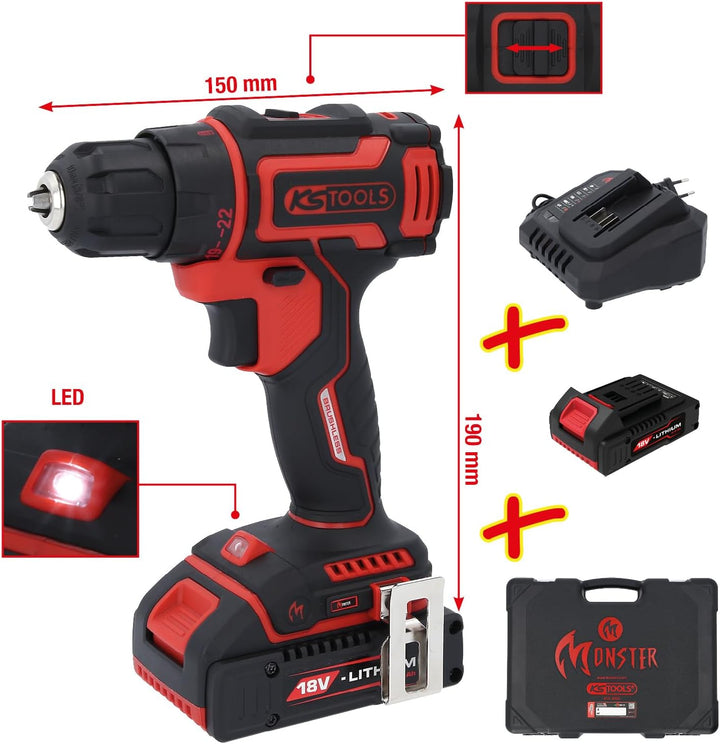 KS Tools 515.6400 eMONSTER Brushless-Akku-Bohr-Schrauber-Satz, 4-tlg