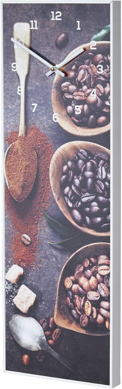 Wanduhr 20x60cm Braun Kaffee Coffee Rahmen Weiss Küche Bild Cafe Wanddeko Uhr Kaffeebohnen Pvc Weiss