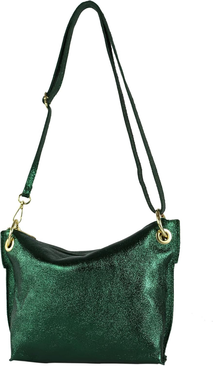 modamoda de - T243 - ital. Umhängetasche Klein Small aus Leder Flaschengrün-metallic, Flaschengrün-m