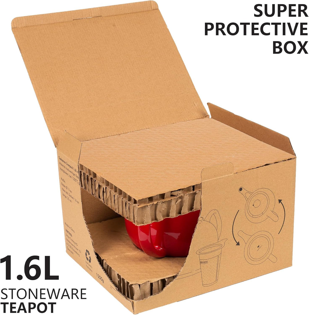 Teekanne mit Stövchen Keramik 1,6 L (Rot) Teekanne mit Edelstahl Sieb aus Keramik, Teekanne Liverpoo
