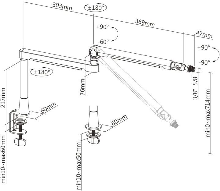 Shiftware Mikrofonarm Low Profile - Professionelle Tischhalterung inkl. Universal-Adapter, voll vers