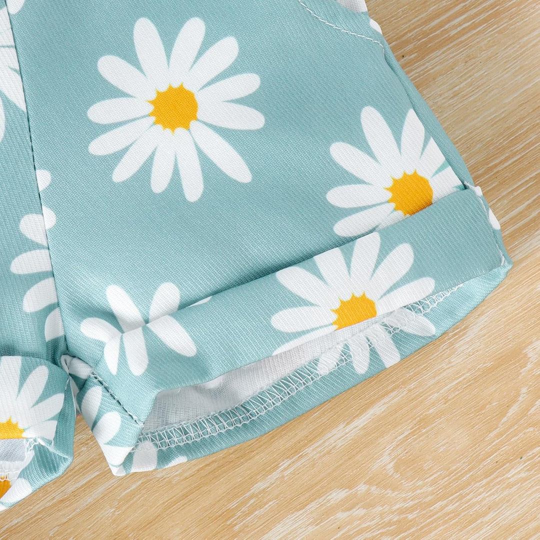 Neugeborenes Mädchen Kleidung Gänseblümchen-Aufdruck Gerüschtes Oberteil mit Hosenträgerhose und Tas