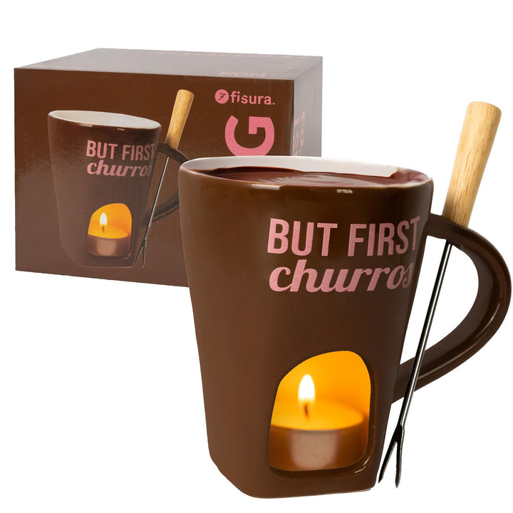 Fisura - Fondue Tasse für Schokolade und Käse, braune Keramiktasse 140 ml mit Gabel, originelle Gesc