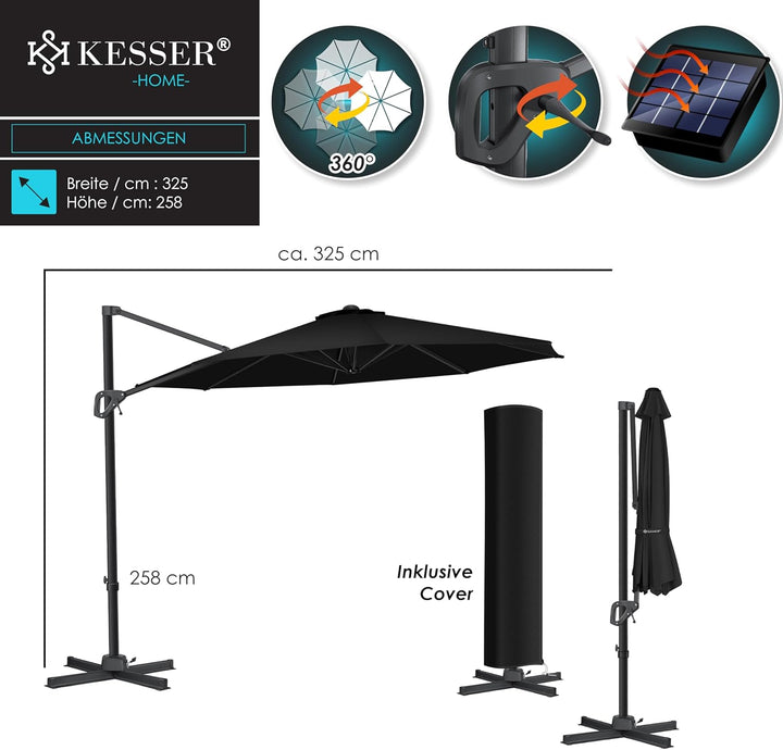 KESSER® Sonnenschirm Ampelschirm SUN Rund XL Ø330 cm Inkl. Abdeckung + Windsicherung 7-Fach Verstell
