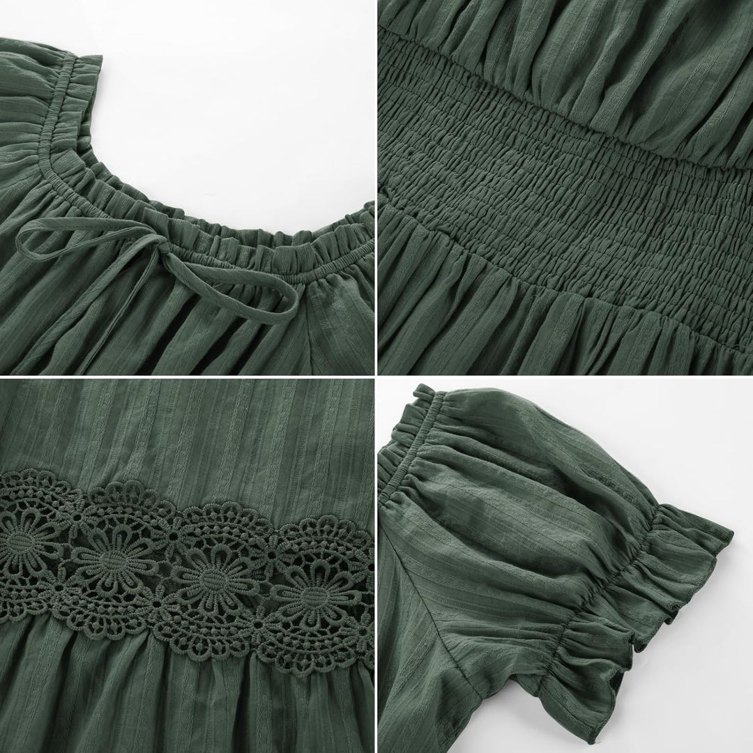 SCARLET DARKNESS Damen Renaissance Kleider Schulterfrei Puffärmel Gesmokte Taille Baumwollkleid XXL