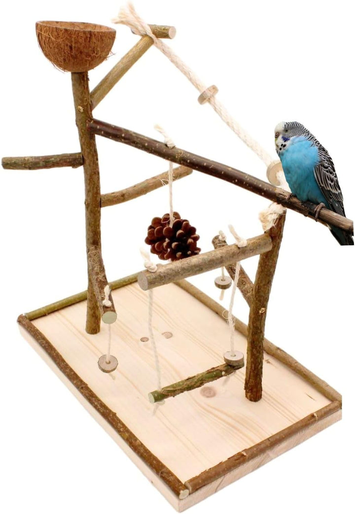 Vogelgaleria Luxus Vogelspielplatz aus Natur Holz mit Abnehmbarer Futterschale | Ideales Spielzeug b