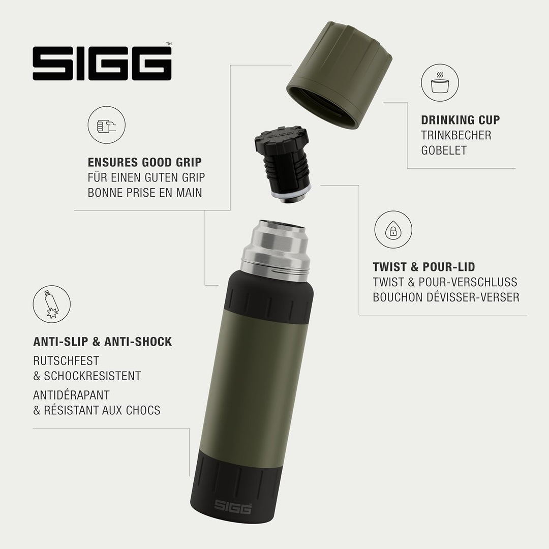 SIGG – Isolierte Trinkflasche – Thermosflasche Alpine Star Roasted Green mit Becher – 20 St. Heiss,