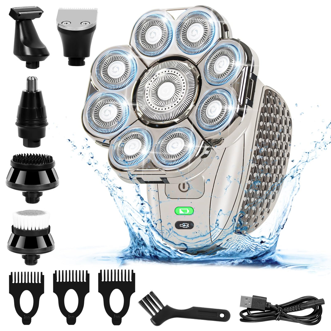 Glatzen Rasierer Herren Elektrisch, 9D 6 in 1 Glatzen Rasierer Herren, Kopfrasierer Glatze Nass Und