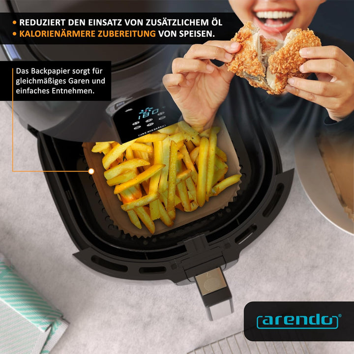 Arendo - Backpapier für Heissluftfritteuse 4,5 bis 7,5 L - 100 Stück – 20 x 20 x 4,5 cm - Antihaft B