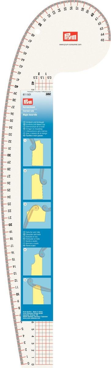 Prym 611501 Kurvenlineal 52,5 x 16 cm – Transparentes Schneiderlineal für Rundungen, Taille, Hüfte,