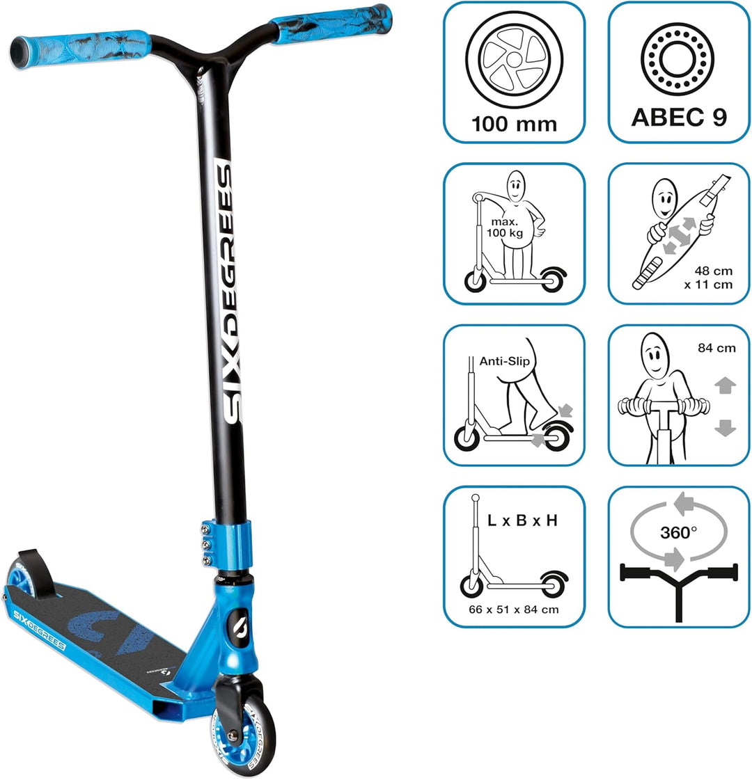 Six Degrees Aluminium Stuntscooter - Freestyle Kickroller, 100 mm High-Rebound-Rollen, ABEC 9, verst