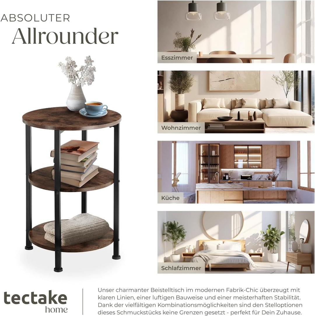 tectake Beistelltisch rund aus Holz und Metall, Industrie-Design, Couchtisch mit 3 Ebenen, für Wohnz