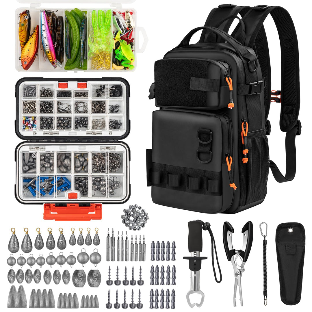 THKFISH Angelwerkzeug-Set, Rucksack und Köderbox mit Ködern, Haken, Sinker-Zubehör-Set, Zange, Fisch
