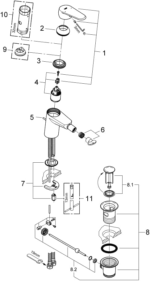GROHE Eurodisc Cosmopolitan Bidetarmatur, Zugstange, Kugelgelenk-Auslauf 33244002, Silber Hebel Smal