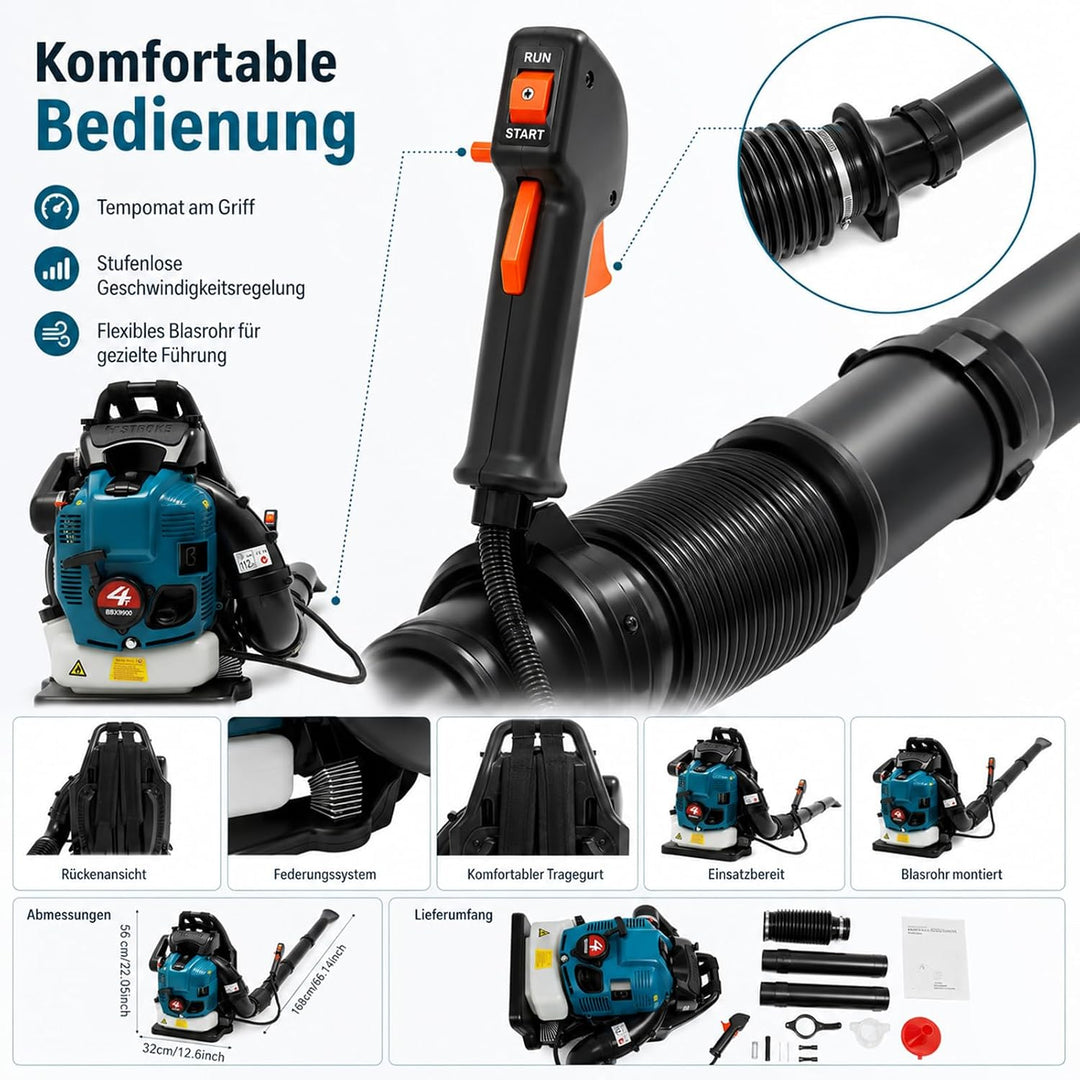 Laubbläser Benzin Rucksack 75,6 CCM 4-Takt 498 CFM Luftvolumen | 2600 W 7000 U/min Ideal für Rasenpf