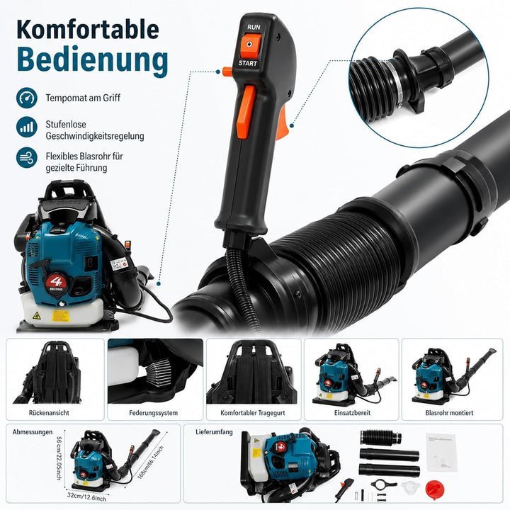 Laubbläser Benzin Rucksack 75,6 CCM 4-Takt 498 CFM Luftvolumen | 2600 W 7000 U/min Ideal für Rasenpf
