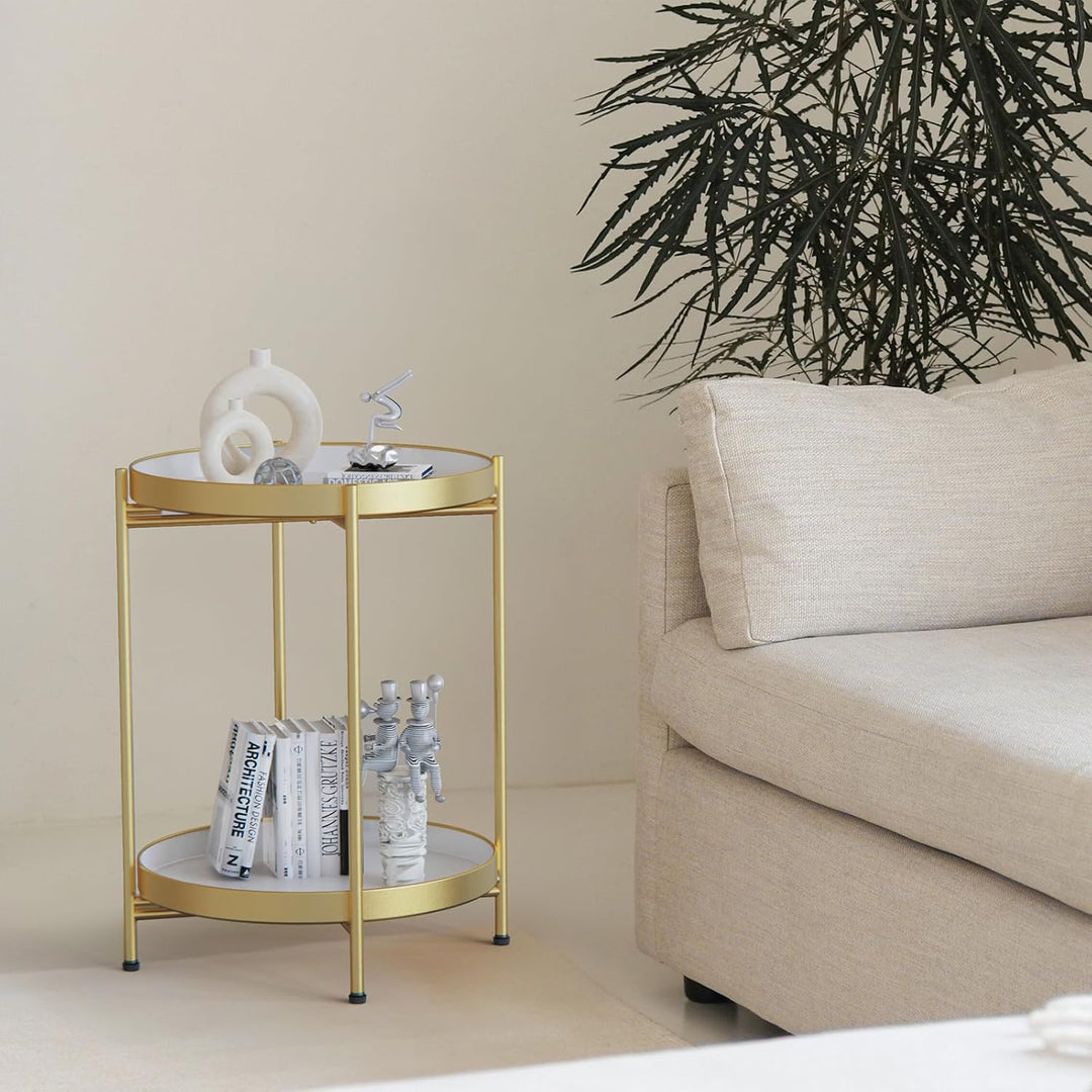 H HOMEWINS Metall Beistelltisch Rund Gold&Weiss Sofatisch mit Abnehmbare Tablette Ø40 x H50 cm Couch