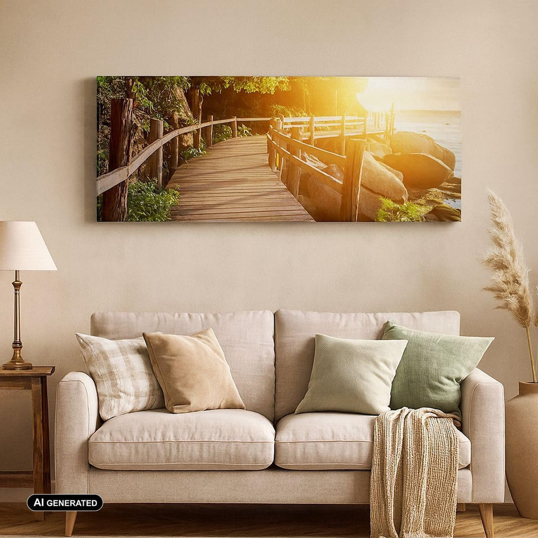 Wandbilder Dekoration Wohnzimmer Brücke Meer Welle Panorama Bilder auf Leinwand 120x50cm Leinwandbil
