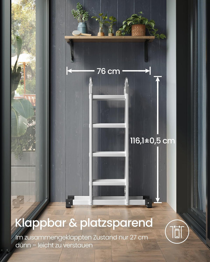SONGMICS Leiter Mehrzweckleiter, 4 x 4 Stufen, bis 150 kg | Trittleiter, Aluleiter, Haushaltsleiter,