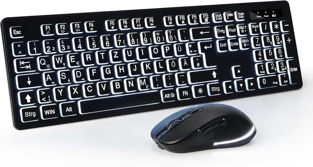 Grossschrift Kabellose Computertastatur & Maus Set – DE Vollformat-Tastatur mit weisser Hintergrundb