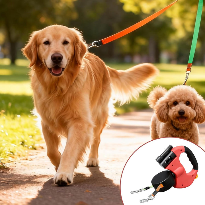 Einziehbare Hundeleine für 2 Hunde, 3m Doppelleine für 2 Hunde mit Licht, Anti Rutsch Griff, auszieh