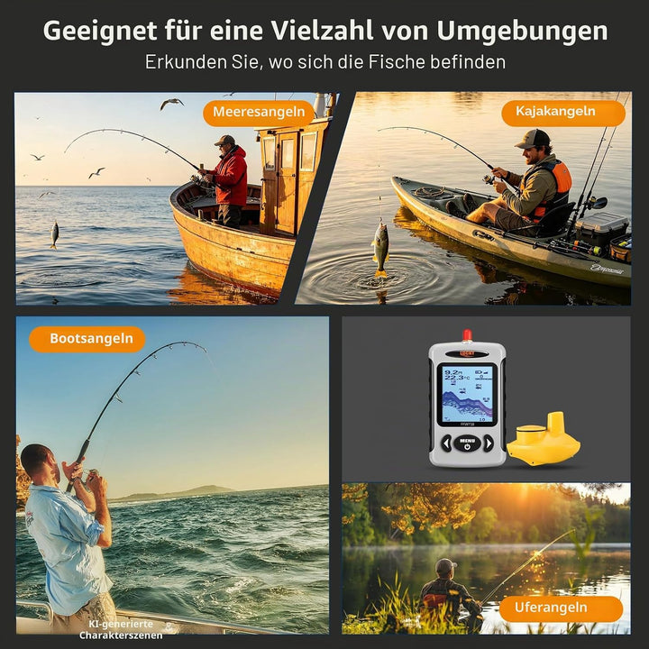 LUCKY Drahtloser Fischfinder Sonarsensor Tragbarer Sonar Fischfinder LCD Display Tiefenmesser zum An