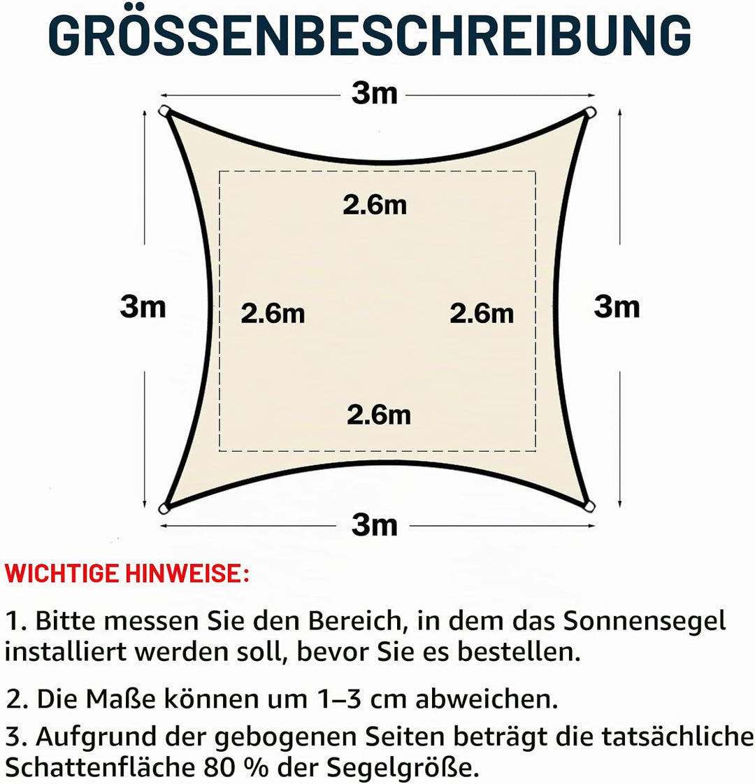 Sonnensegel Sonnenschutz inkl Befestigungsseile PES Polyester Wasserdicht 3 x 3m Quadrat Sonnensegel