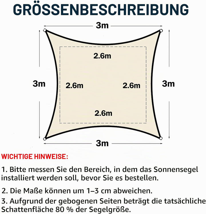 Sonnensegel Sonnenschutz inkl Befestigungsseile PES Polyester Wasserdicht 3 x 3m Quadrat Sonnensegel