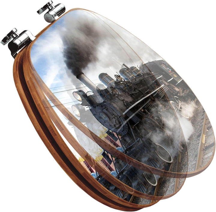 banjado® Design WC Sitz Bambus Absenkautomatik mit Motiv Dampflok/Toilettendeckel mit Absenkautomati