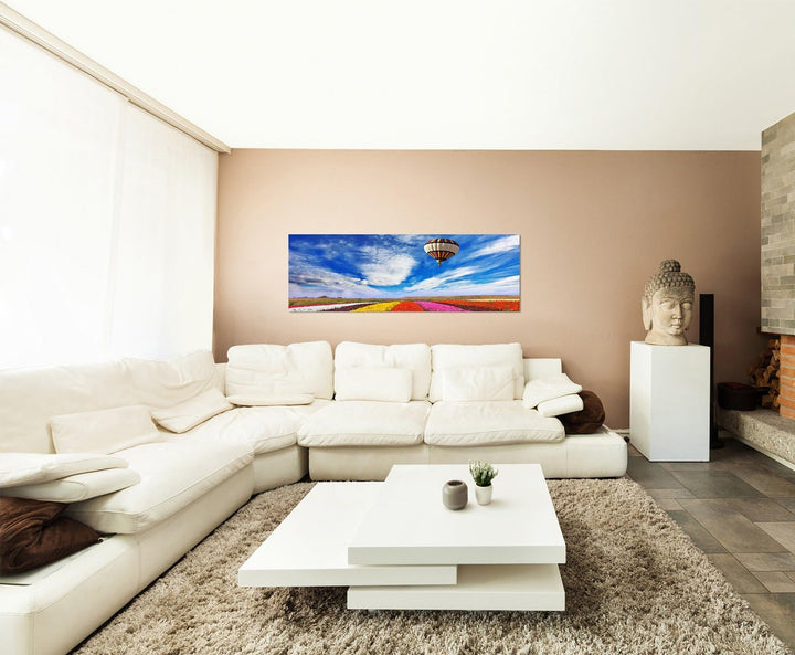 Paul Sinus Art Panoramabild auf Leinwand und Keilrahmen 150x50cm Blumenfeld Heissluftballon Sommer H