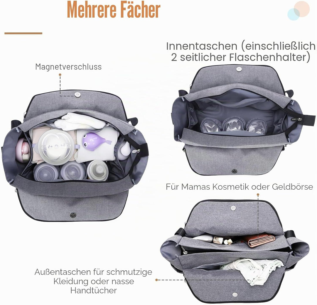 Lekebaby Baby Wickeltasche Bote gross mit Wickelunterlage für Reise, Grau, Grau