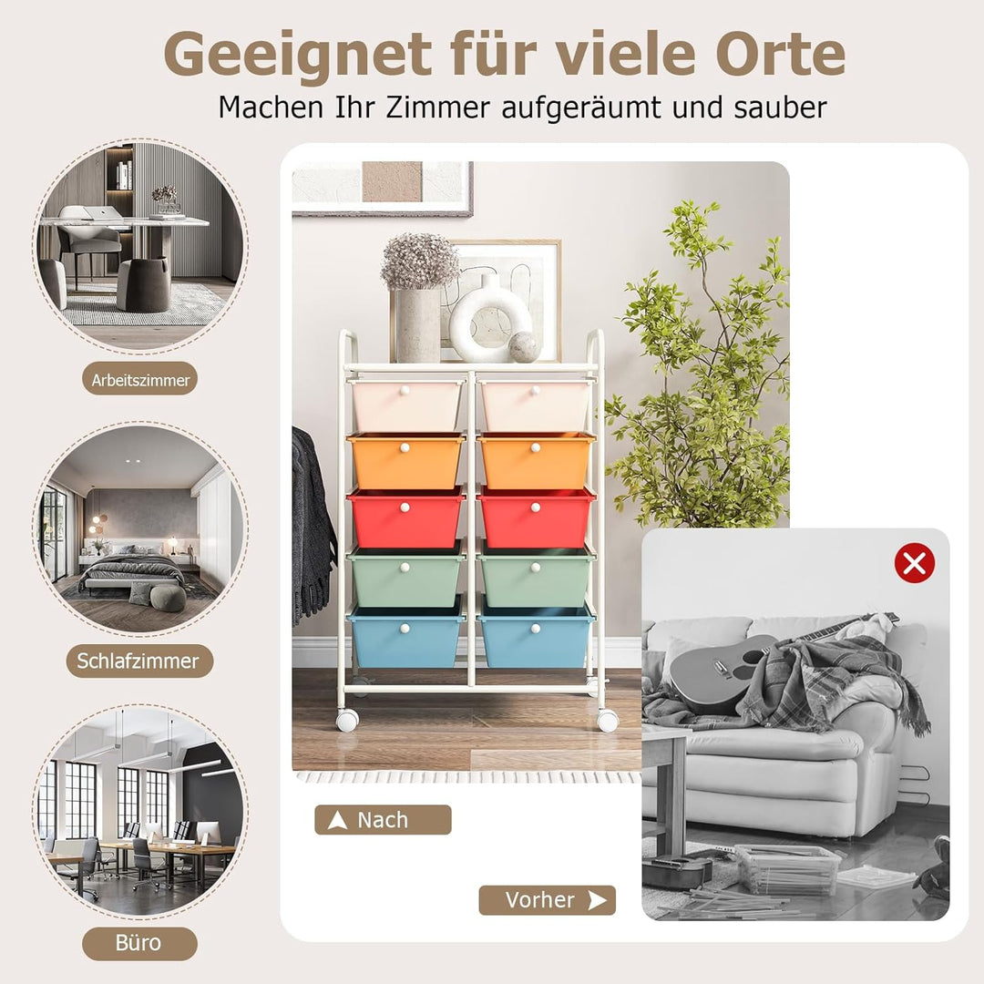 GOPLUS Rollwagen mit 10 Schubladen stapelbar, Rollcontainer mit Ablage & Metallgestell, Badregal, Au