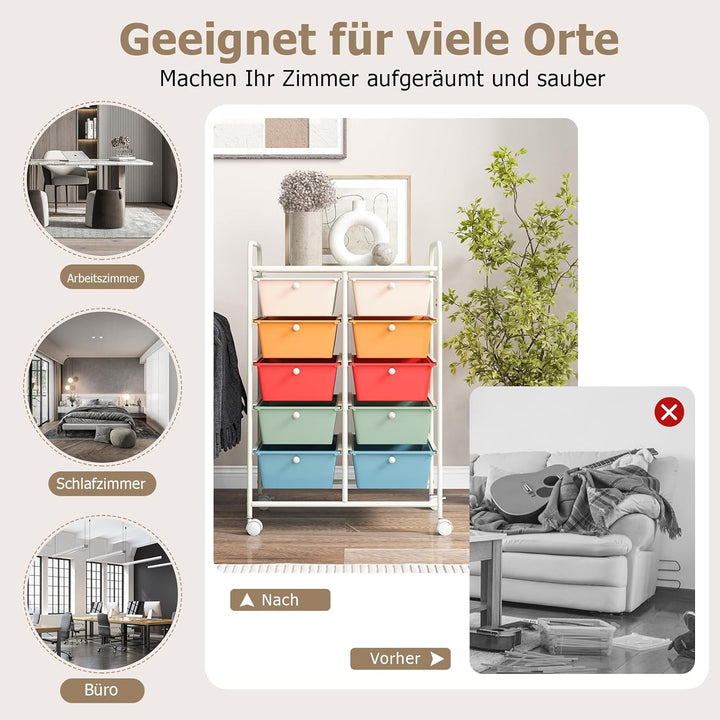 GOPLUS Rollwagen mit 10 Schubladen stapelbar, Rollcontainer mit Ablage & Metallgestell, Badregal, Au