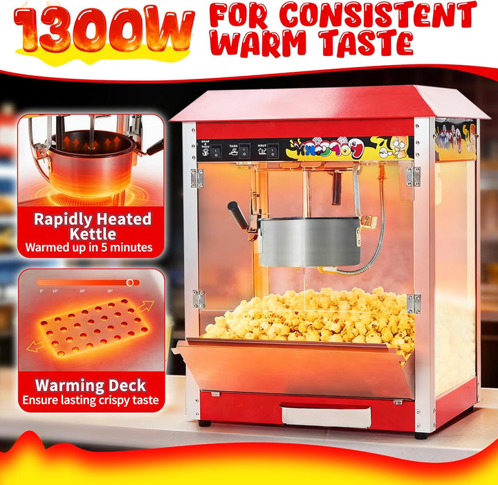 Popcornmaschine, 10 oz Kessel für 60 Tassen pro Ladung, 1300 W, Tisch-Popcornmaschine mit Popcornsch