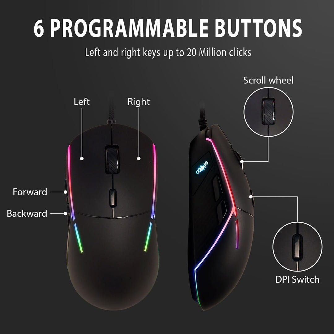 SPYCO - Gaming-Maus | PMW 3360 Chipsatz | 12.000 DPI | 1000 Hz Polling Rate | RGB-Licht | 96 g | 6 p