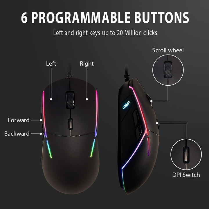 SPYCO - Gaming-Maus | PMW 3360 Chipsatz | 12.000 DPI | 1000 Hz Polling Rate | RGB-Licht | 96 g | 6 p